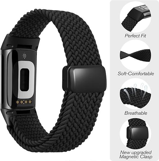 Fitbit Charge 6/5 Soft Woven Nylon Sport Strap, Magnetic Braided Stretchy Band | Fintie