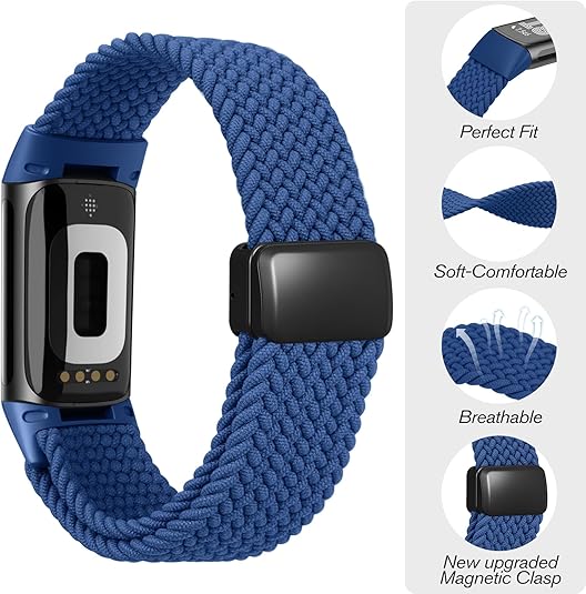 Fitbit Charge 6/5 Soft Woven Nylon Sport Strap, Magnetic Braided Stretchy Band | Fintie
