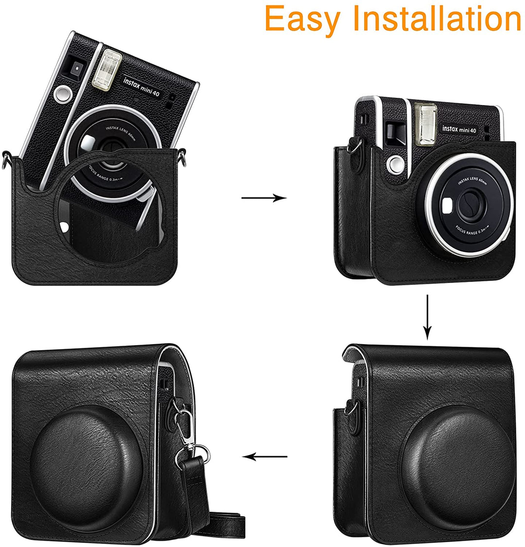 Custodia In Pelle PU Per Fotocamera Istantanea Fujifilm Instax Mini 40 Con Tracolla Regolabile - Nero
