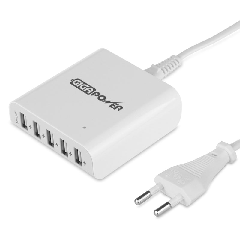 GIGAPOWER 5 Port USB Charger - 40W High Speed Charging Station (White)