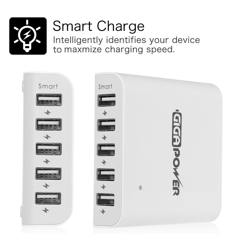 GIGAPOWER 5 Port USB Charger - 40W High Speed Charging Station (White)