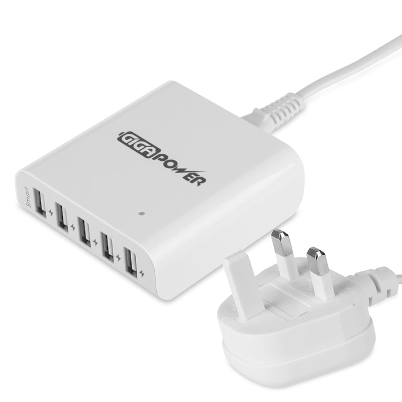 GIGAPOWER 5 Port USB Charger - 40W High Speed Charging Station (White)